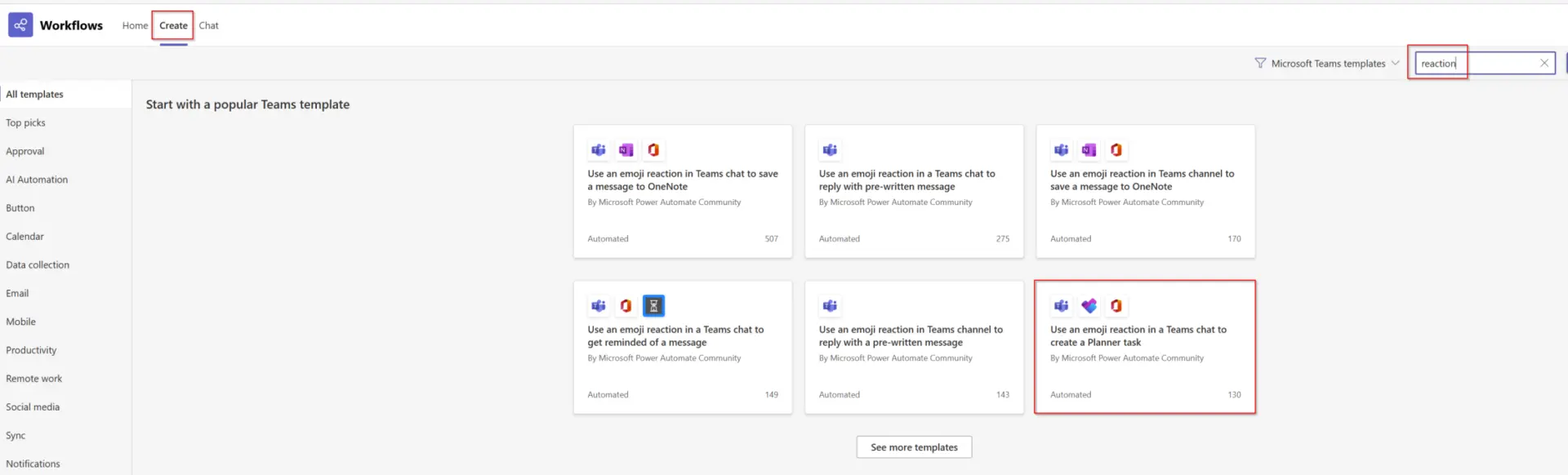 Screenshot zeigt Emojis in Microsoft Teams mit Fokus auf Templates wie Planner-Aufgabe erstellen, Power Automate Community-Templates und Microsoft Teams-Templates