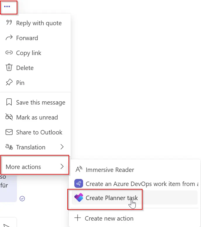 Microsoft Teams Oberfläche zeigt die Option Create Planner task unter Mehr Aktionen; Fokus23 GmbH erläutert Emojis für Fortgeschrittene mit Planner-Integration in Teams