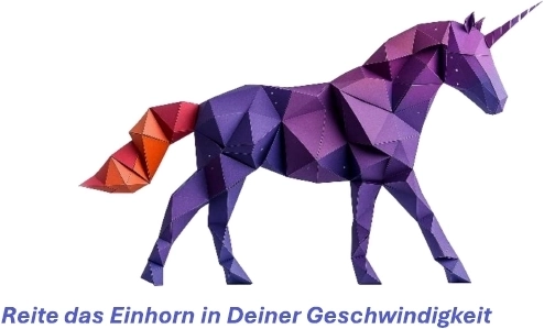 Lila, polygonales Einhorn mit orangefarbenen Akzenten – Text „Reite das Einhorn in Deiner Geschwindigkeit“ – passend zu Telefonieren 5.0 mit Microsoft Teams