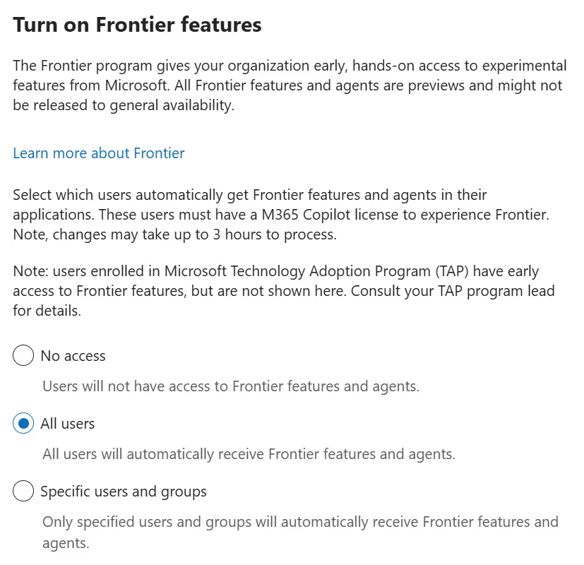 In der Microsoft-365-Verwaltung wird unter „Turn on Frontier features“ die Option „All users“ ausgewählt, während weitere Zugriffsoptionen angezeigt werden.