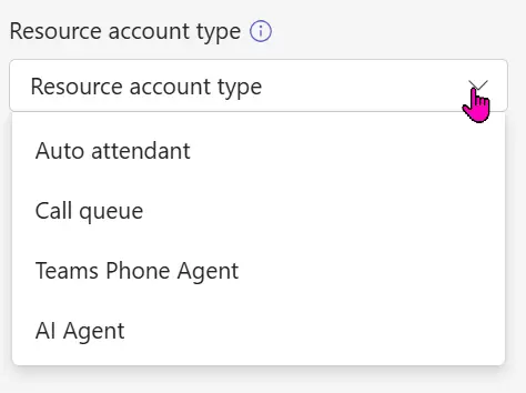 Ein geöffnetes Dropdown für den Resource account type zeigt Auto attendant, Call queue, Teams Phone Agent und AI Agent, während ein pinker Cursor auf den Pfeil zeigt.