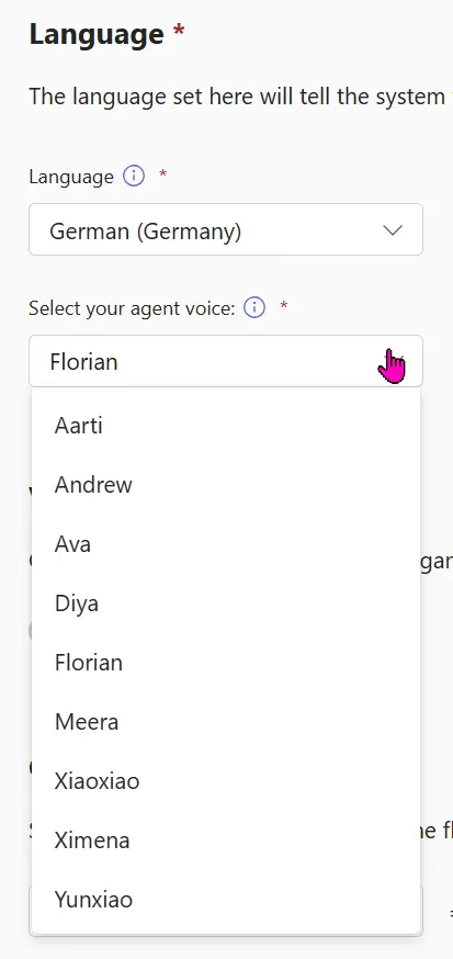Ein Einstellungsdialog zeigt die Sprachauswahl auf German (Germany) und die Agentenstimme Florian in einem geöffneten Dropdown-Menü mit Cursor.